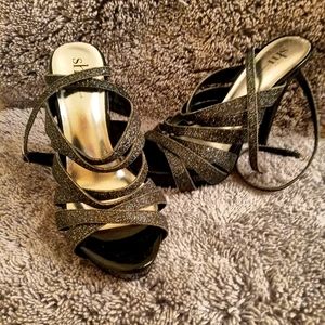 black glitter strappy stilettos